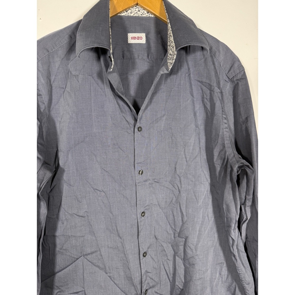 Kenzo Paris Mens Gray Floral Trim Button Up Shirt Size 43 17 Long Sleeve